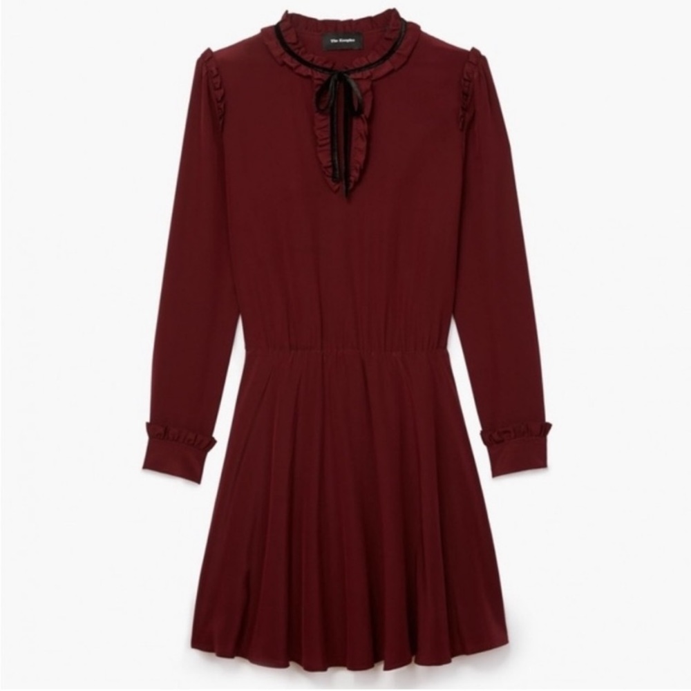 The Kooples Ruffle Trim Maroon Silk Dress with Velvet Tie